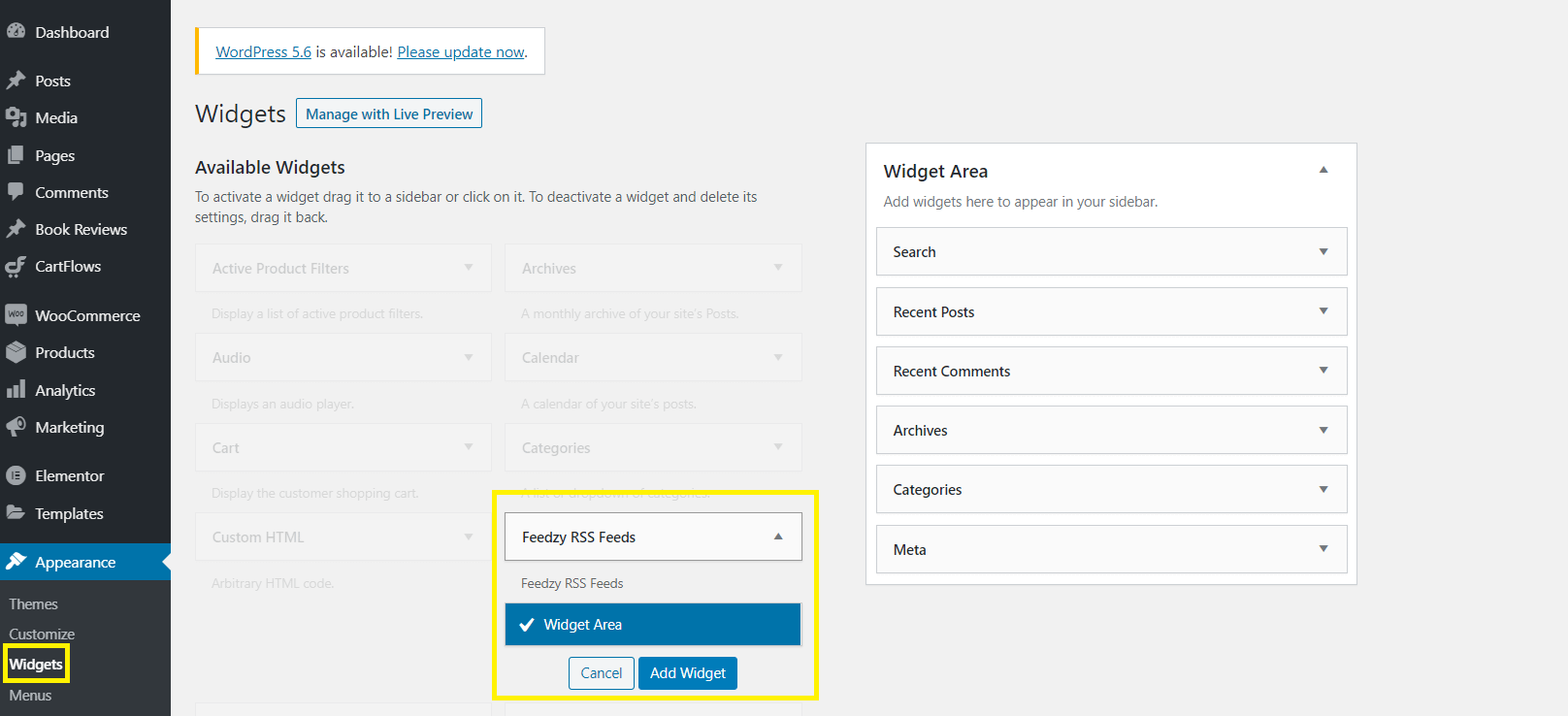 Activating the Feedzy widget in WordPress.