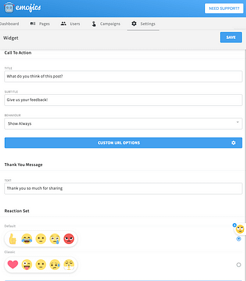Configure Emojics messages and reaction set in the Set Widget screen 