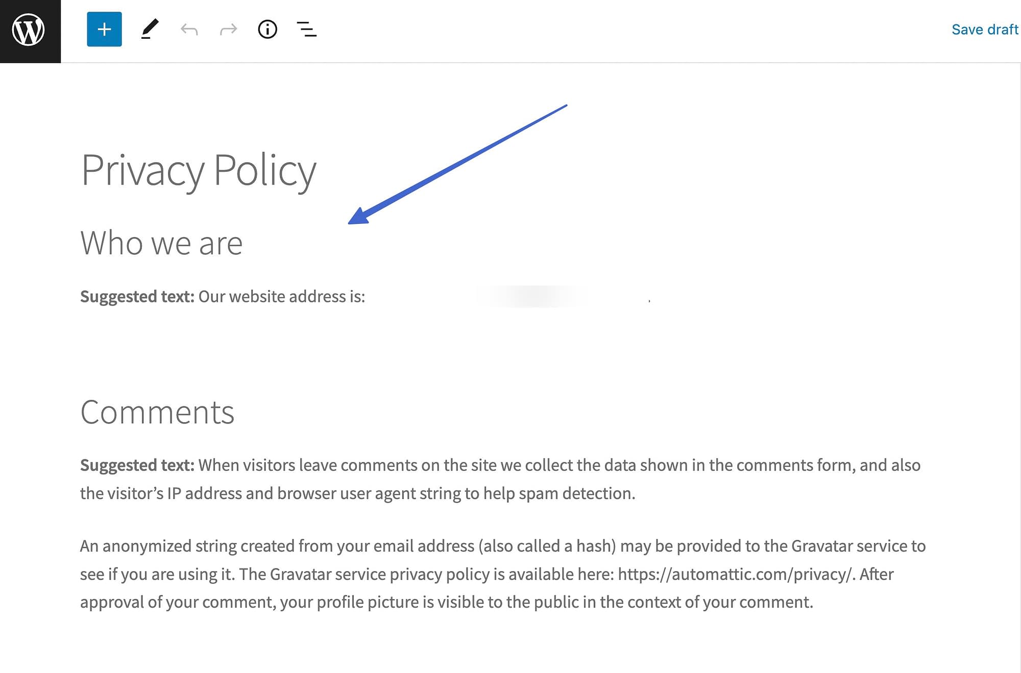 An example of how the auto-generated Privacy Policy page provides content but not through a shortcode