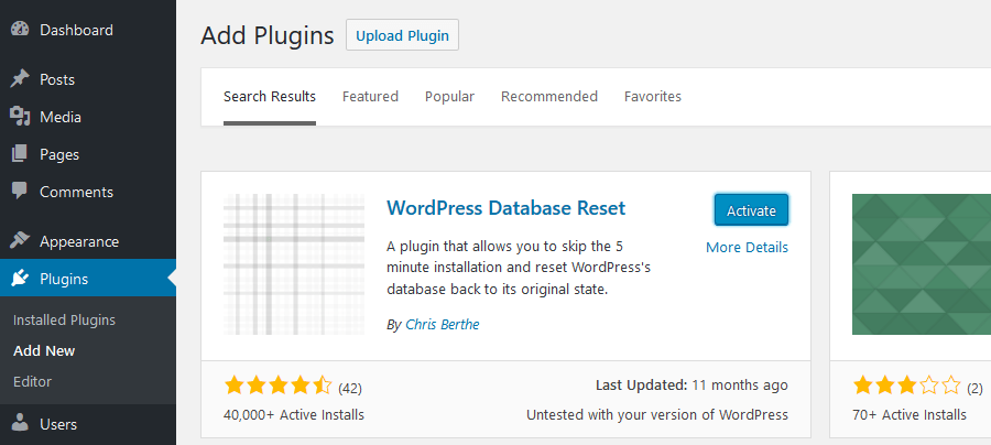 How to reset WordPress: Install WordPress Database Reset Plugin