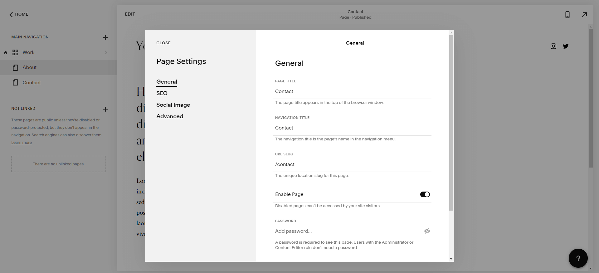 A sample of the settings in the Squarespace editor.