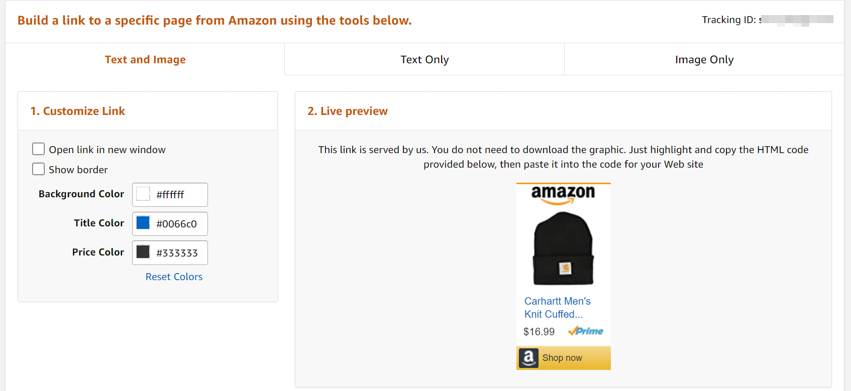 The different Amazon affiliate link options.
