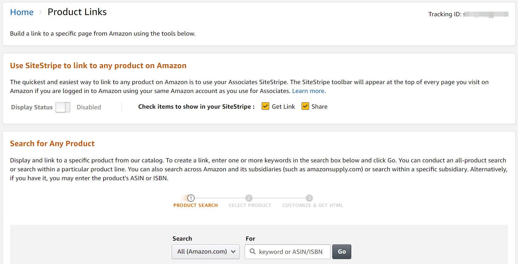 The Product Links page for the Amazon Associates program. 