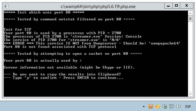 WampServer displaying an Apache port error.