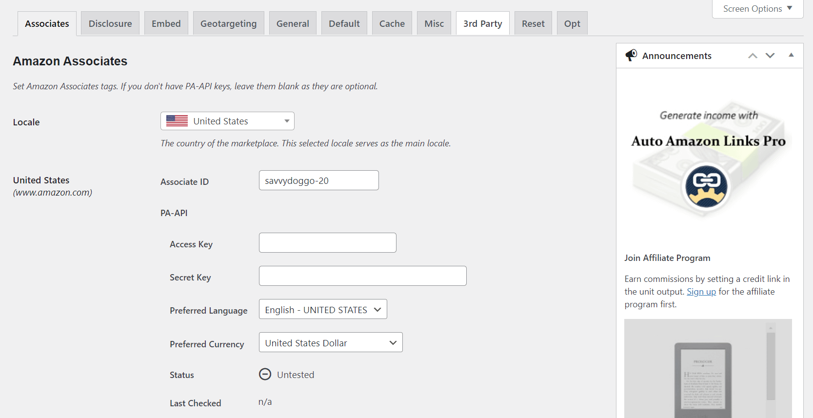 The settings page for the Auto Amazon Links plugin. 
