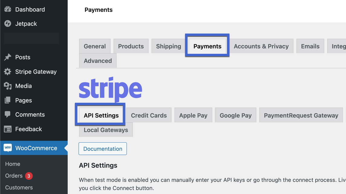 api settings for WooCommerce Stripe