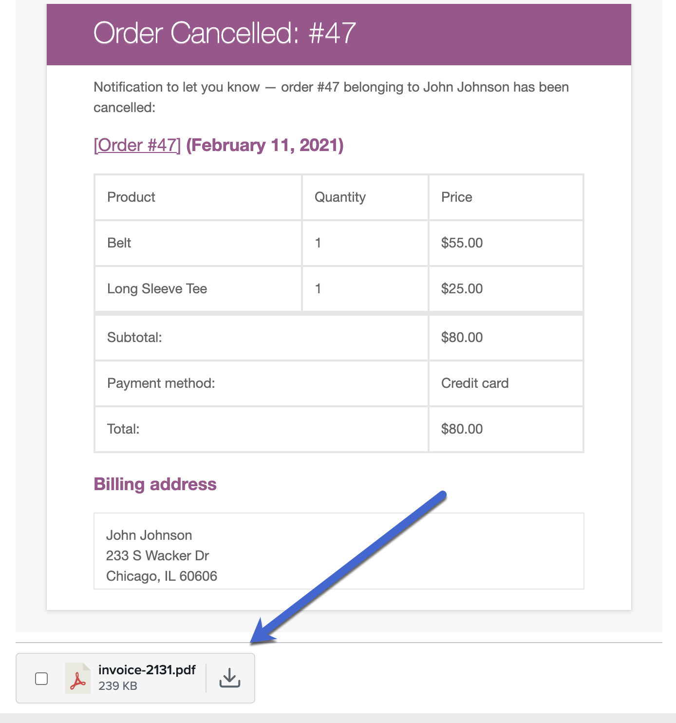 WooCommerce PDF invoice in cancellation email 