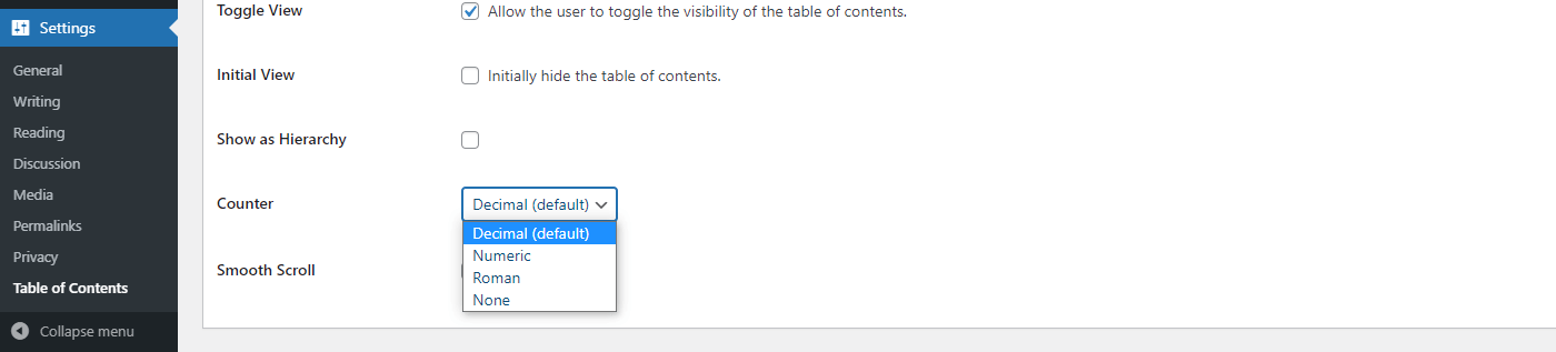 Counter settings in Easy Table of Contents