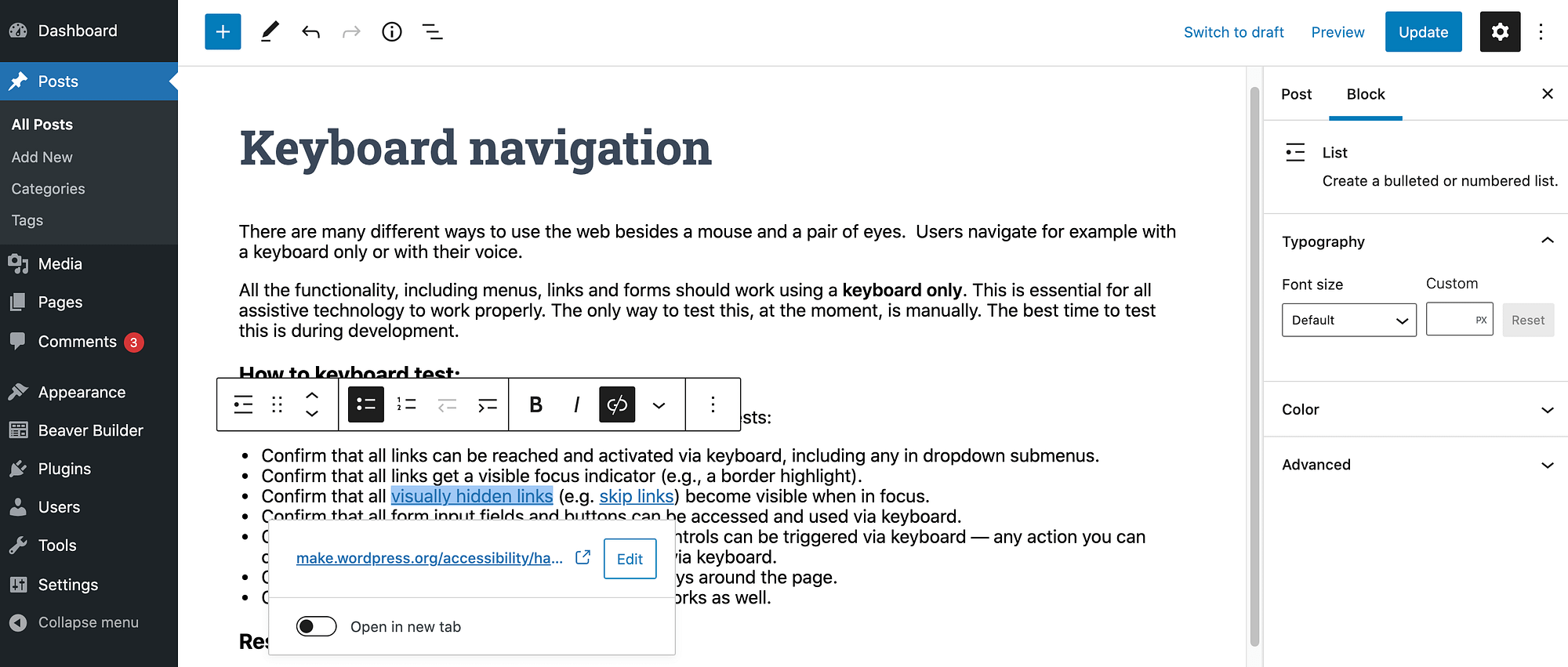 The WordPress page and post editor.