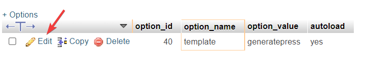 editing option value in phpmyadmin