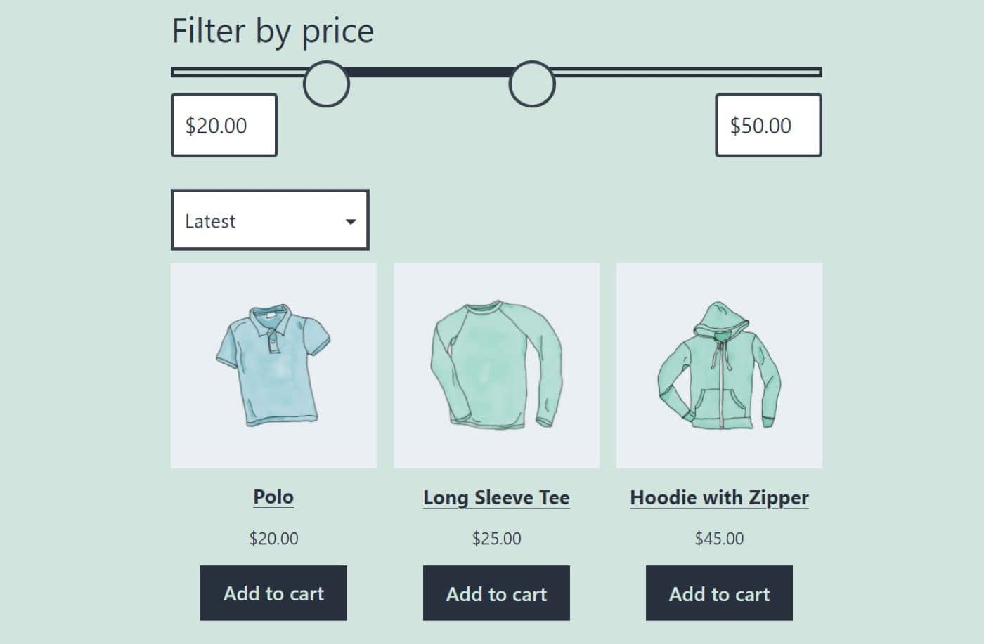 Front end preview of the Filter Product by Price block