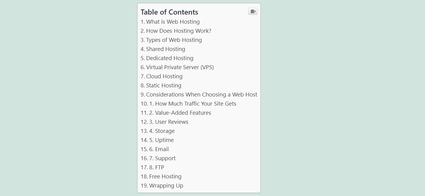 A table of contents organized in an hierarchy