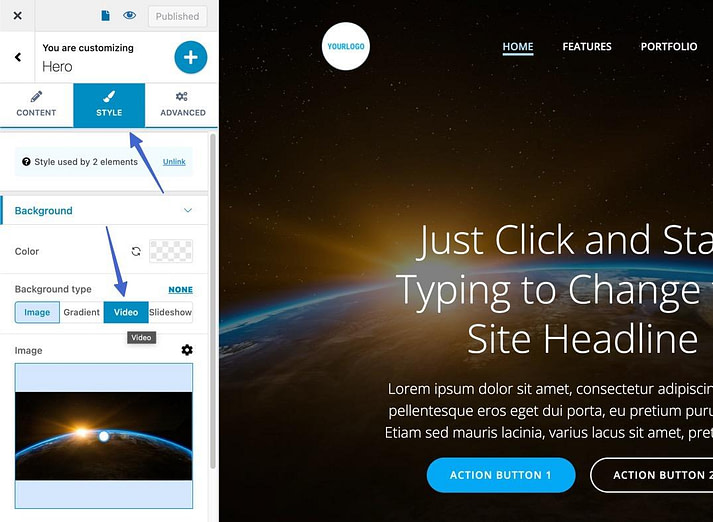 click style and video to add the WordPress video background