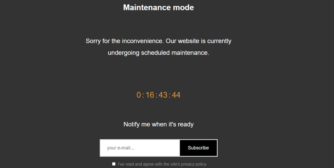 Preview of a custom maintenance mode page with countdown timer and subscription box.