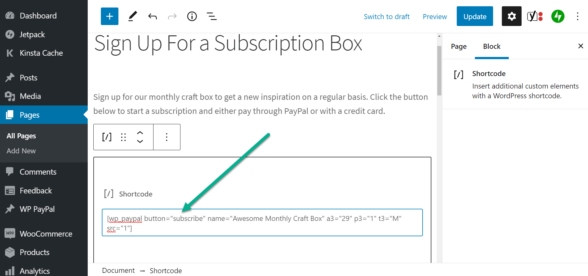 paste in shortcode