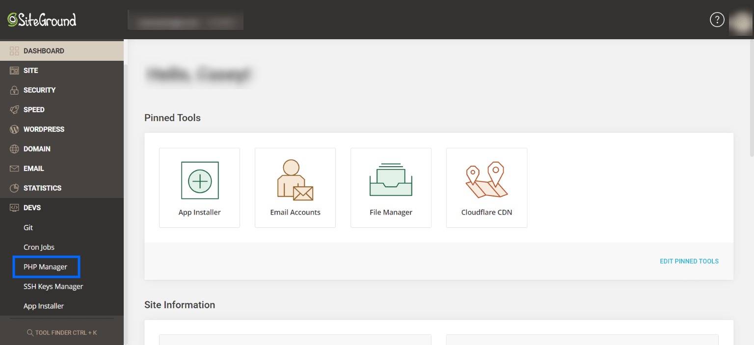 The Site Ground PHP Manager menu option.