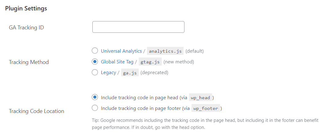 The GA Google Analytics settings