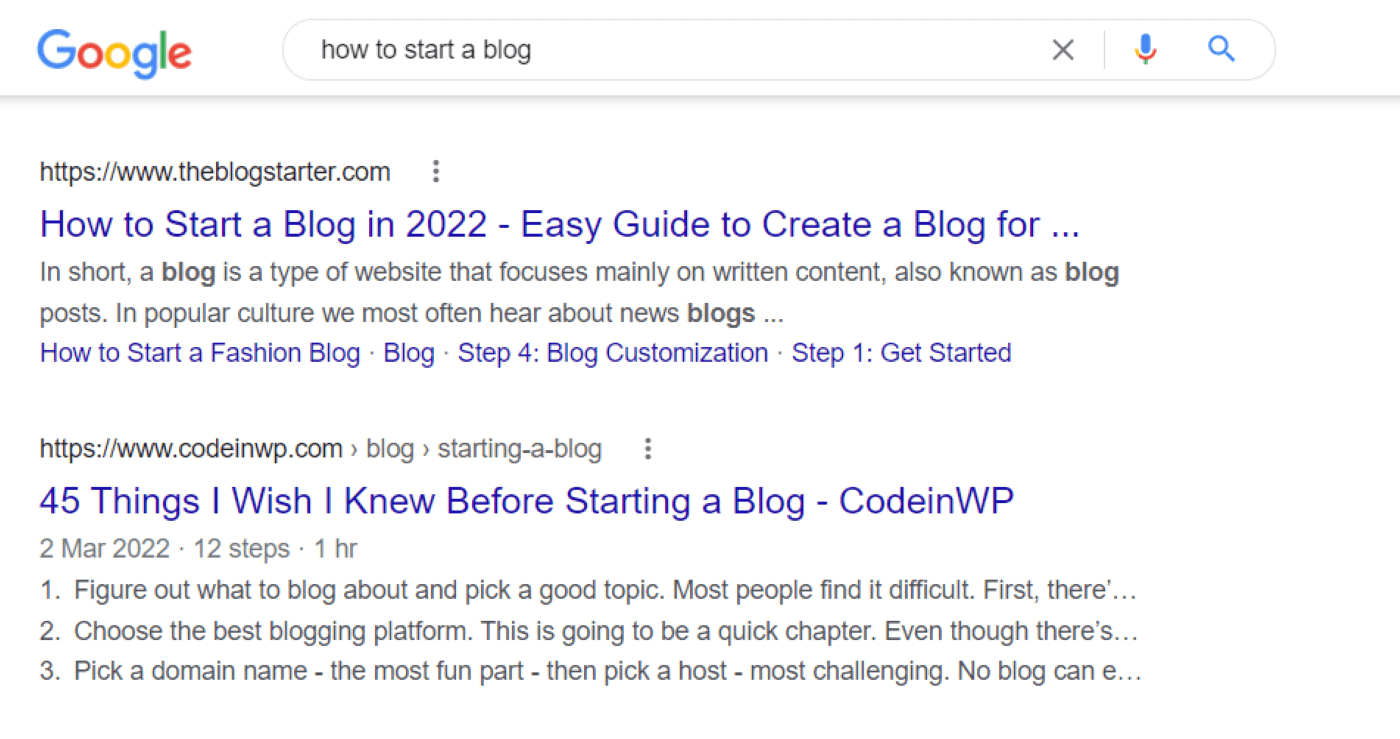 An example of a search query with relevant results