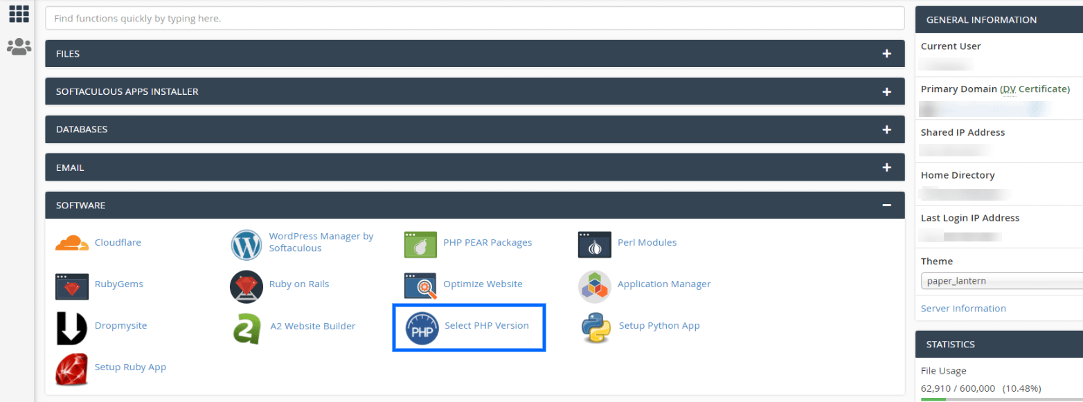 The Select PHP Version option in cPanel.