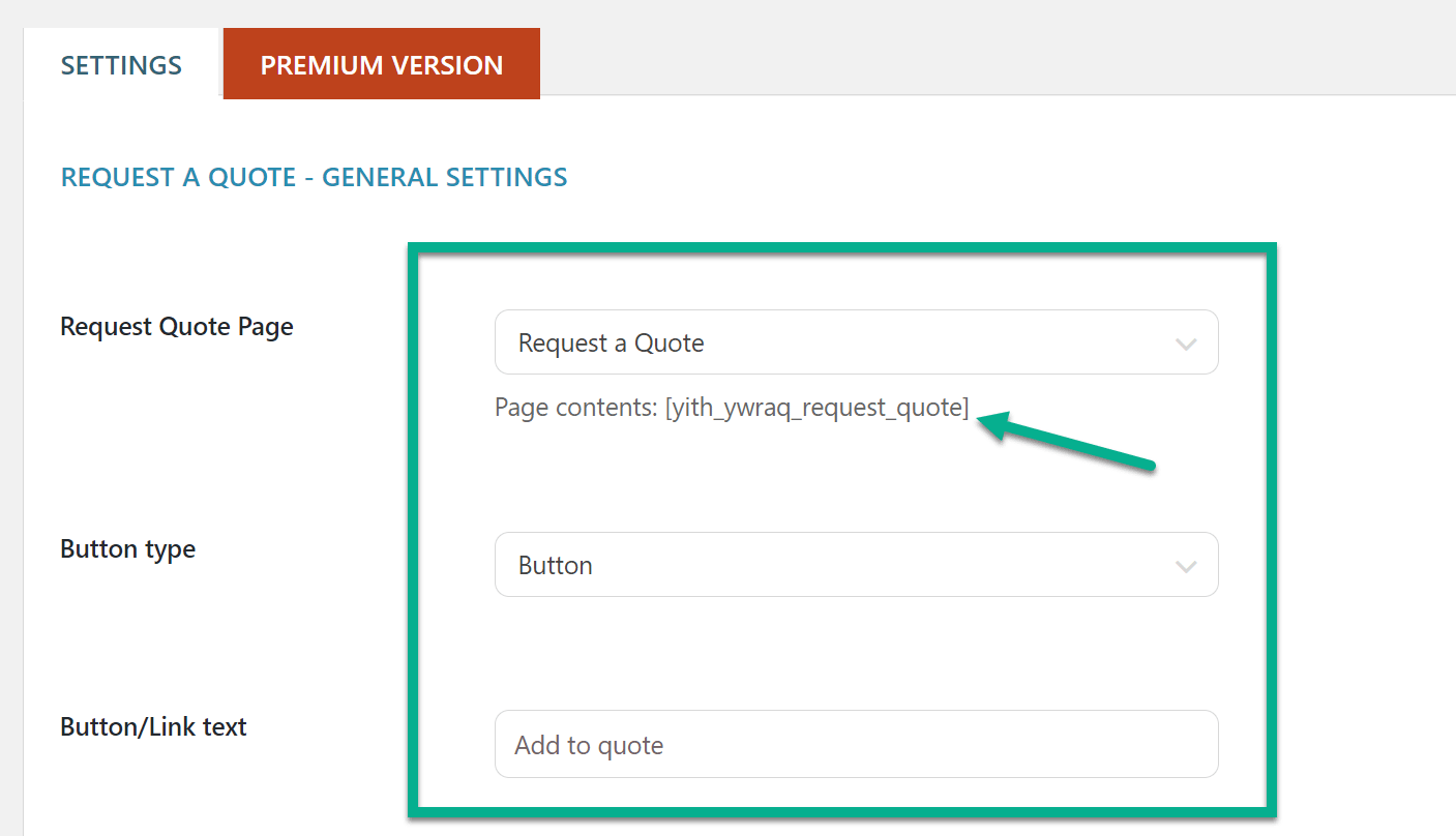 the settings for WooCommerce request a quote