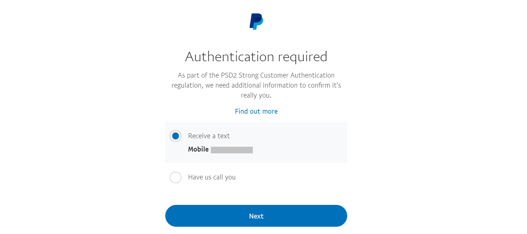 Two-factor authentication example on PayPal