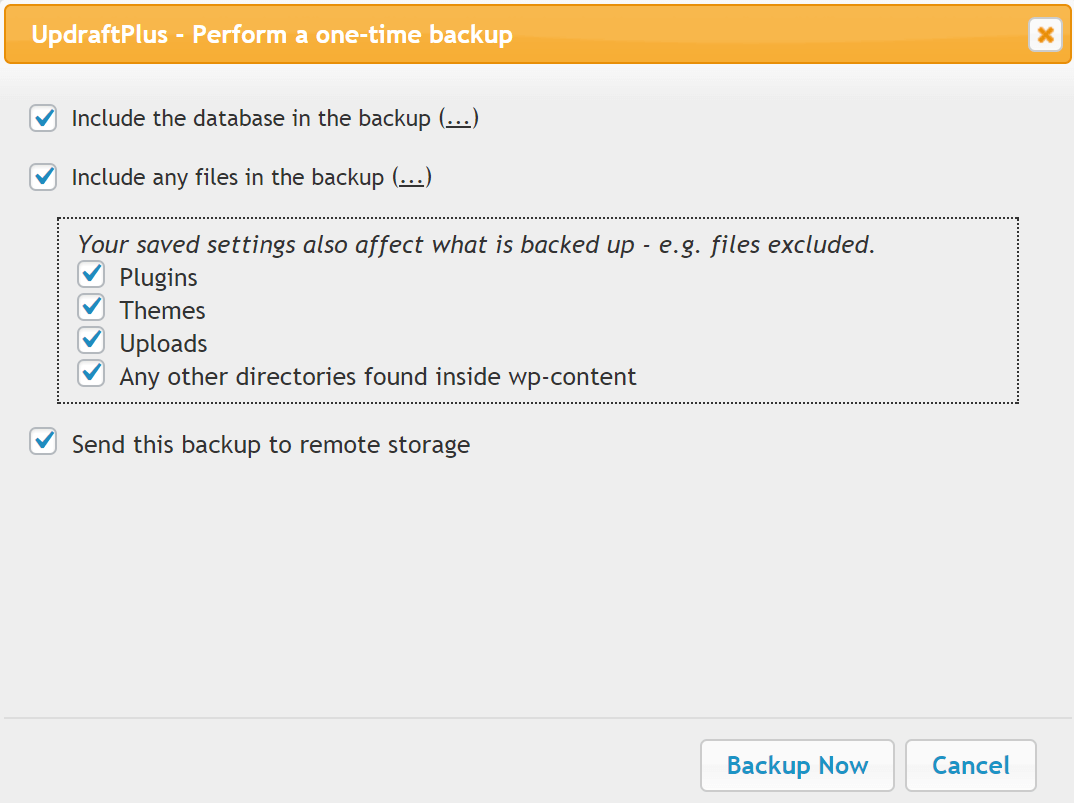 The UpdraftPlus plugin backup options.
