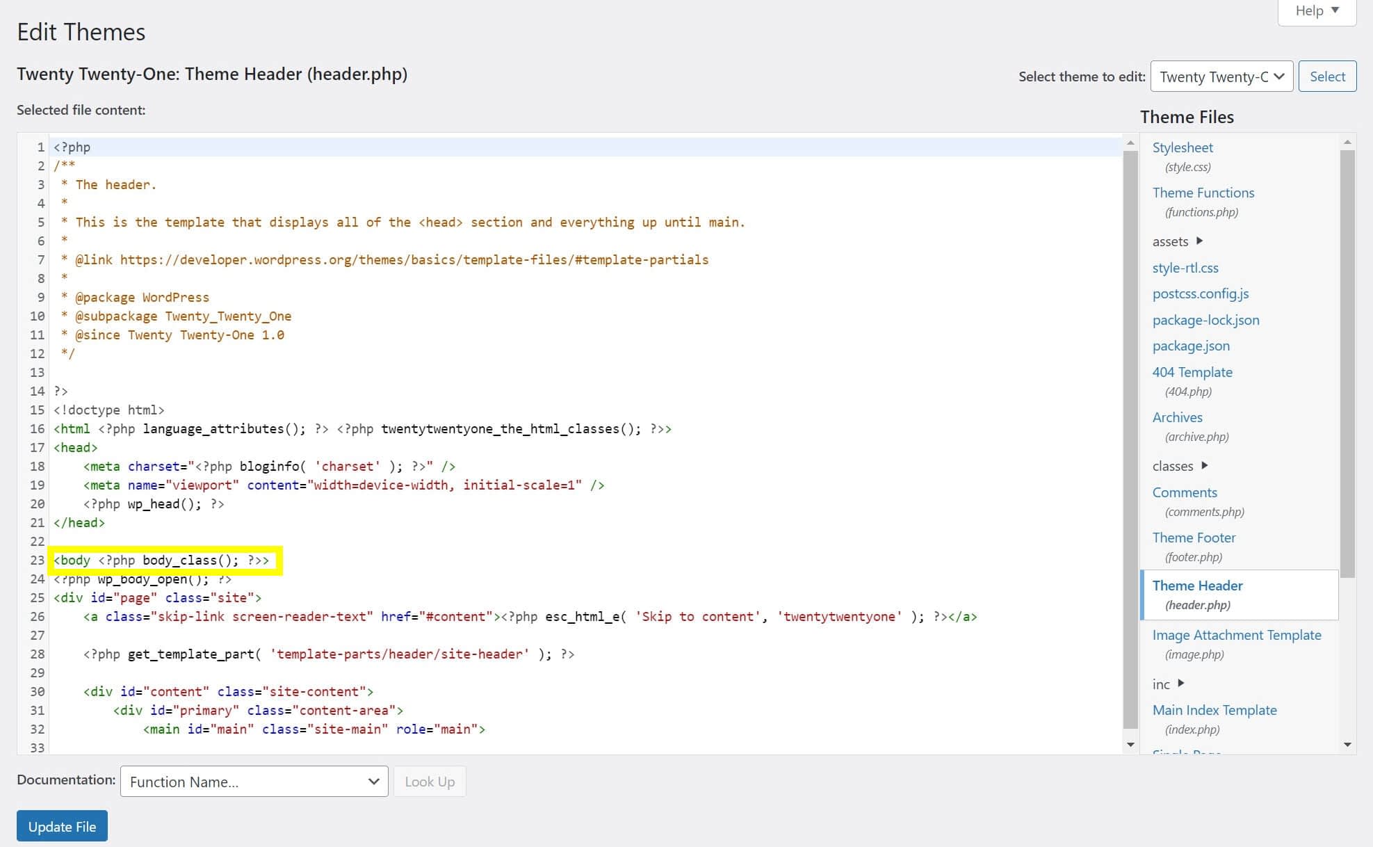 The header.php file in the WordPress Theme Editor.