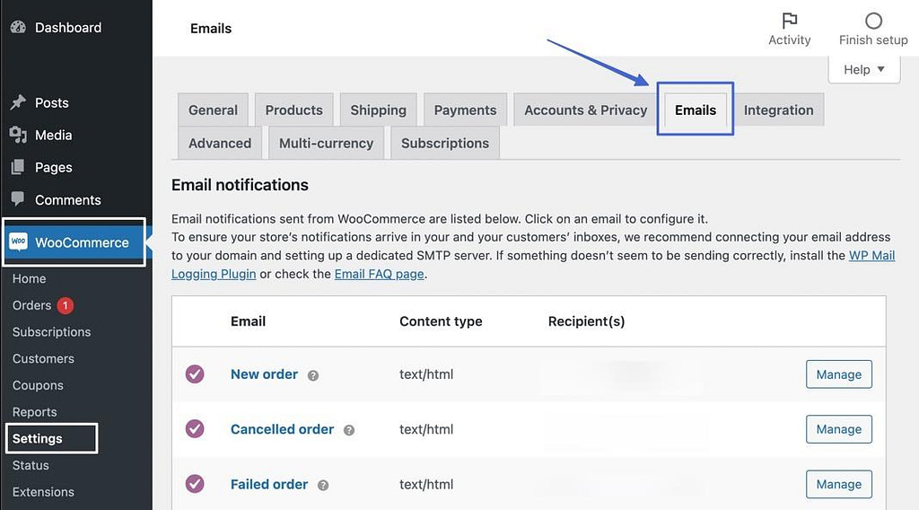 emails tab to customize WooCommerce emails