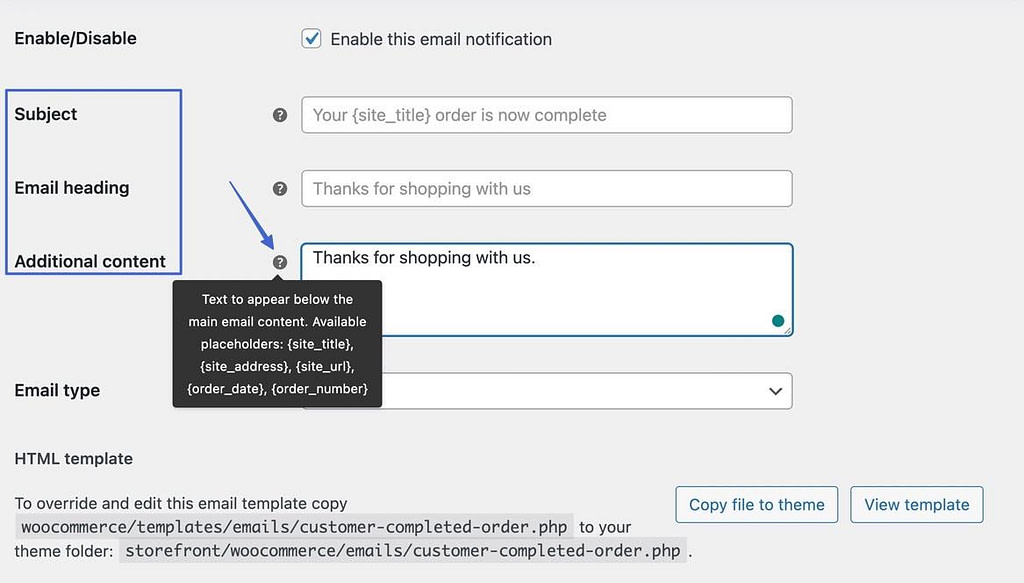 subject heading and content to customize WooCommerce emails