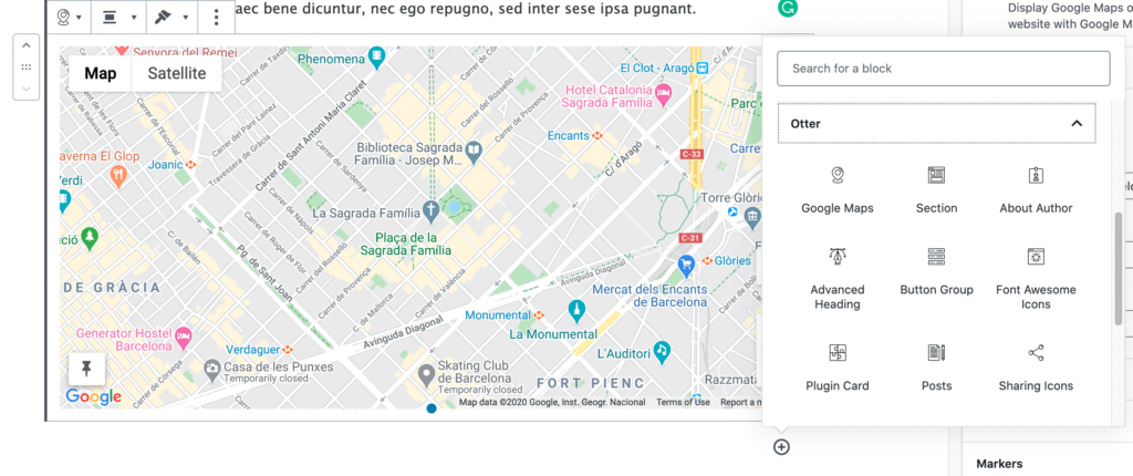Google Map Block options in Otter Blocks