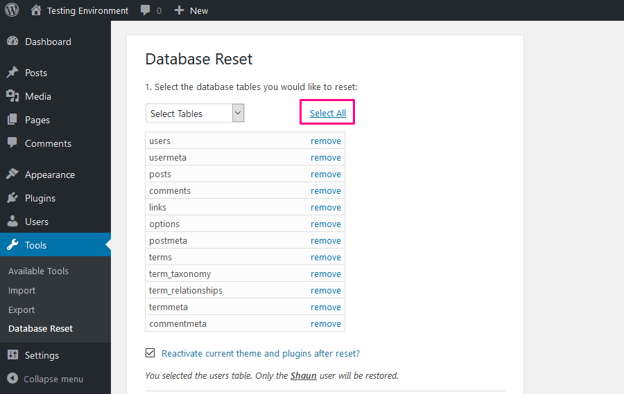 Database Reset Plugin select all