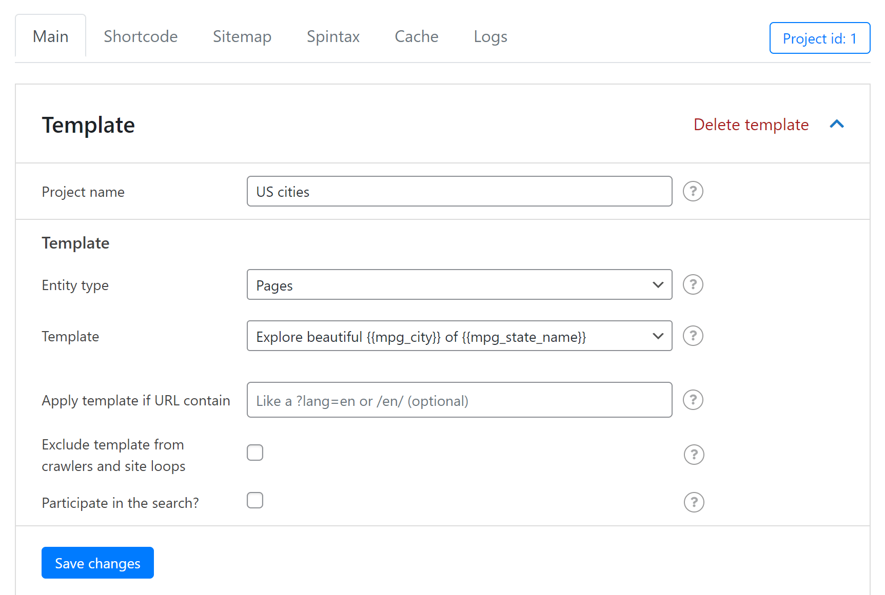 A few of the template settings available in the MPG plugin.
