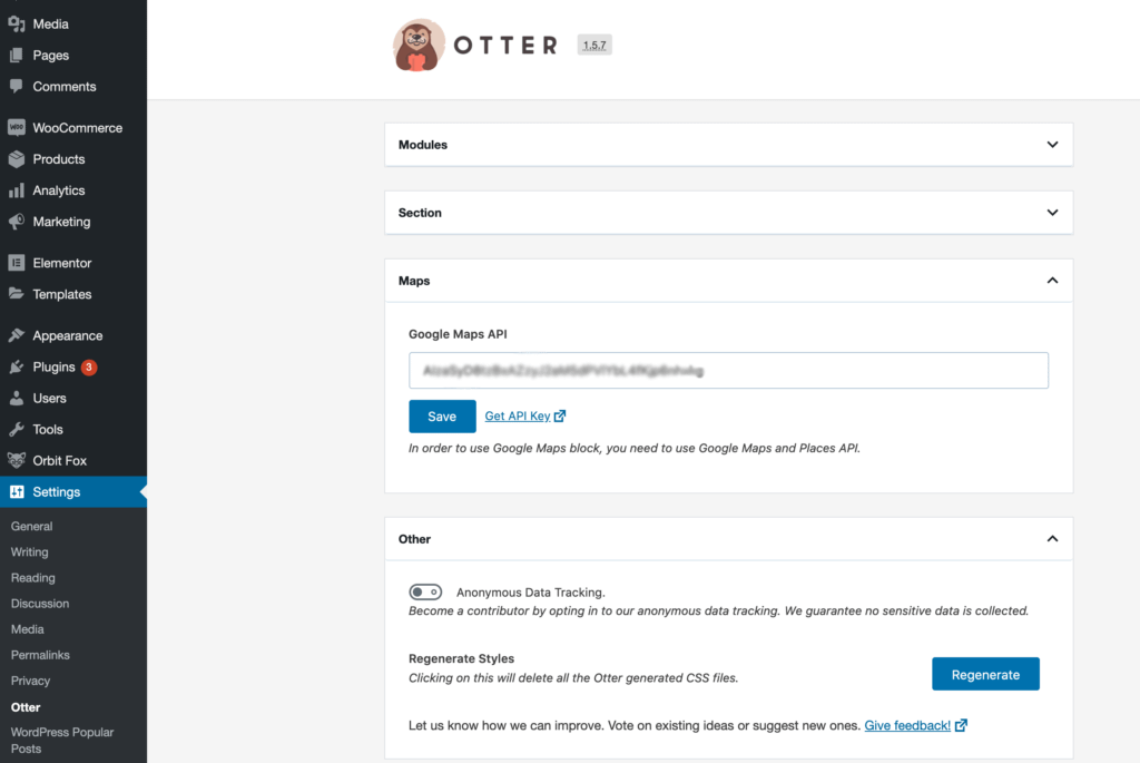 Otter Blocks Google Maps API and Settings