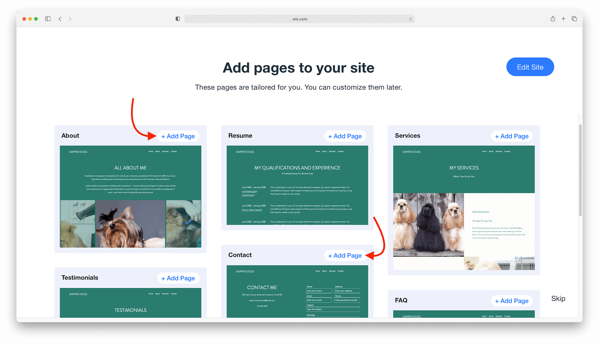 Wix ADI built essential pages.