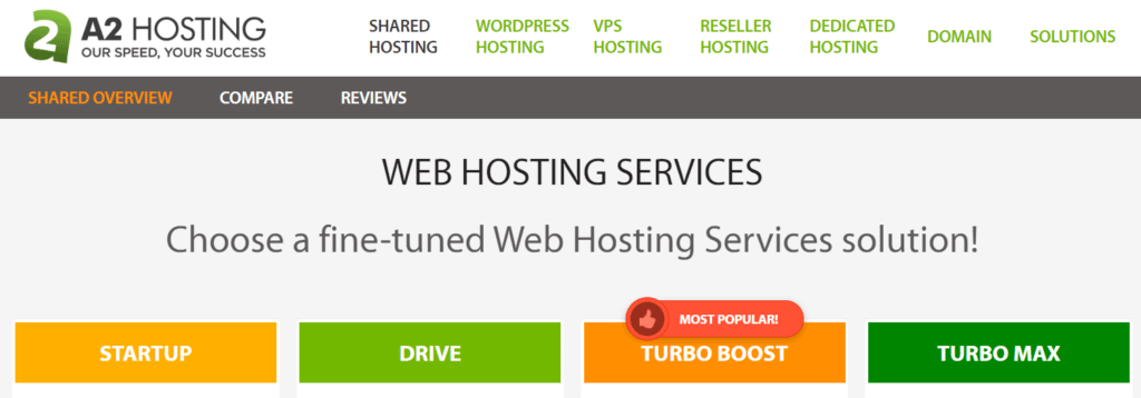 The A2 hosting homepage.