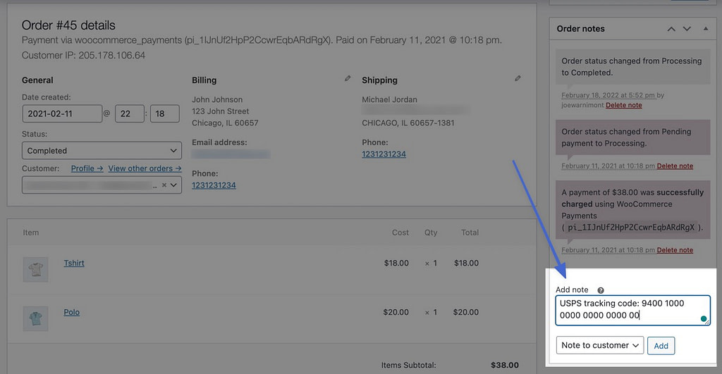 add a note for with WooCommerce shipment tracking