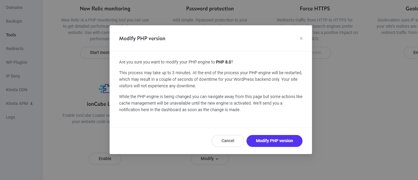 Modify PHP version confirmation popup in MyKinsta.