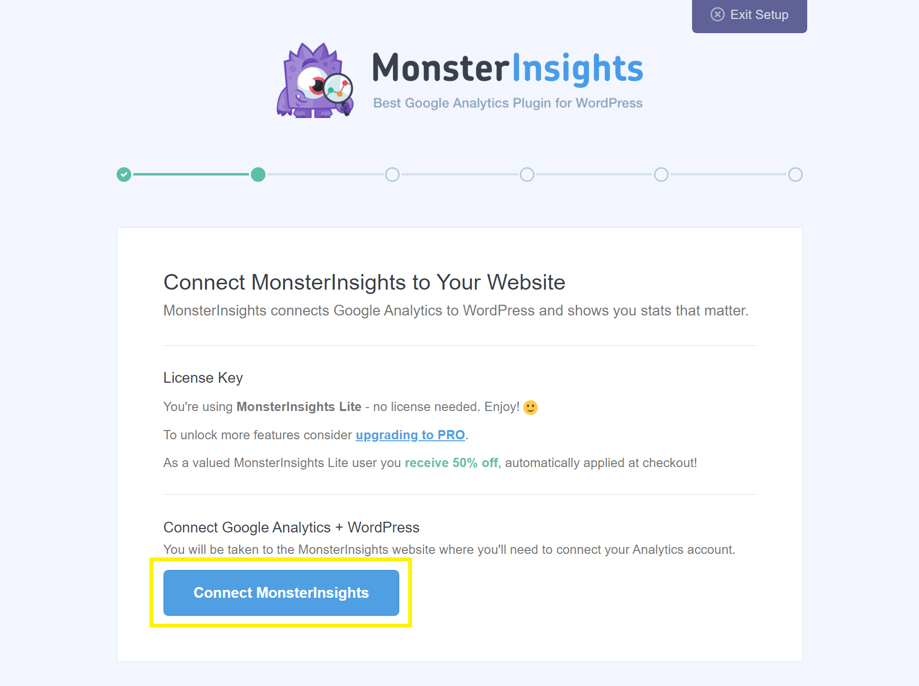 Connect MonsterInsights to set up Google Analytics in WordPress