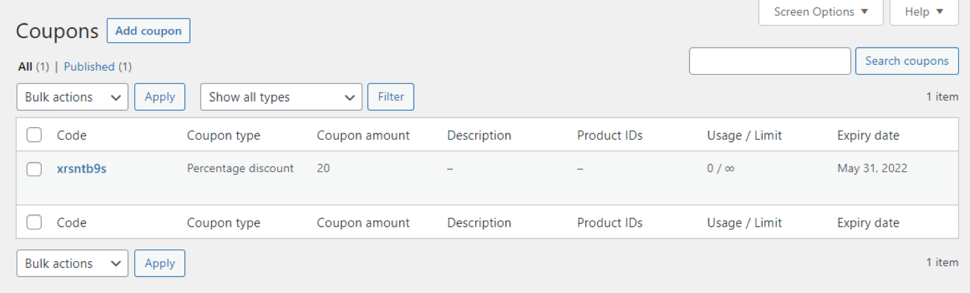 The Coupons page in WooCommerce
