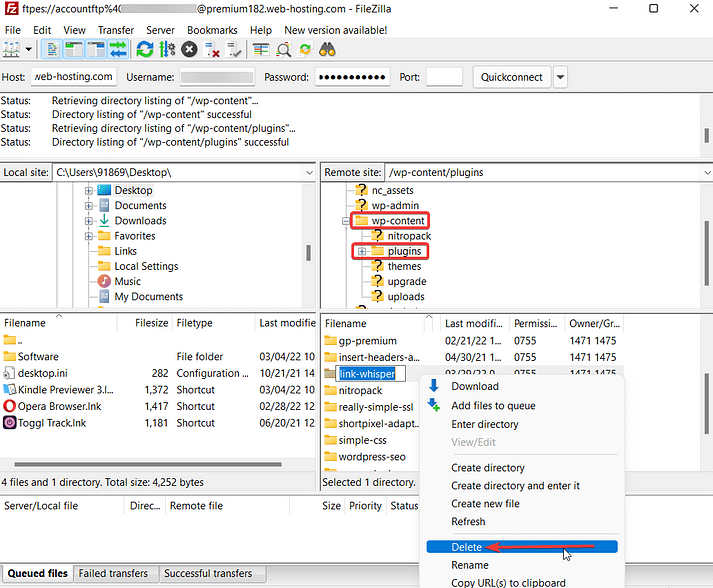 deleting plugins from filezilla to remove destination folder already exists error