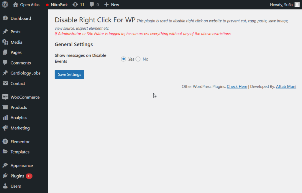 Disable Right-Click for WP settings