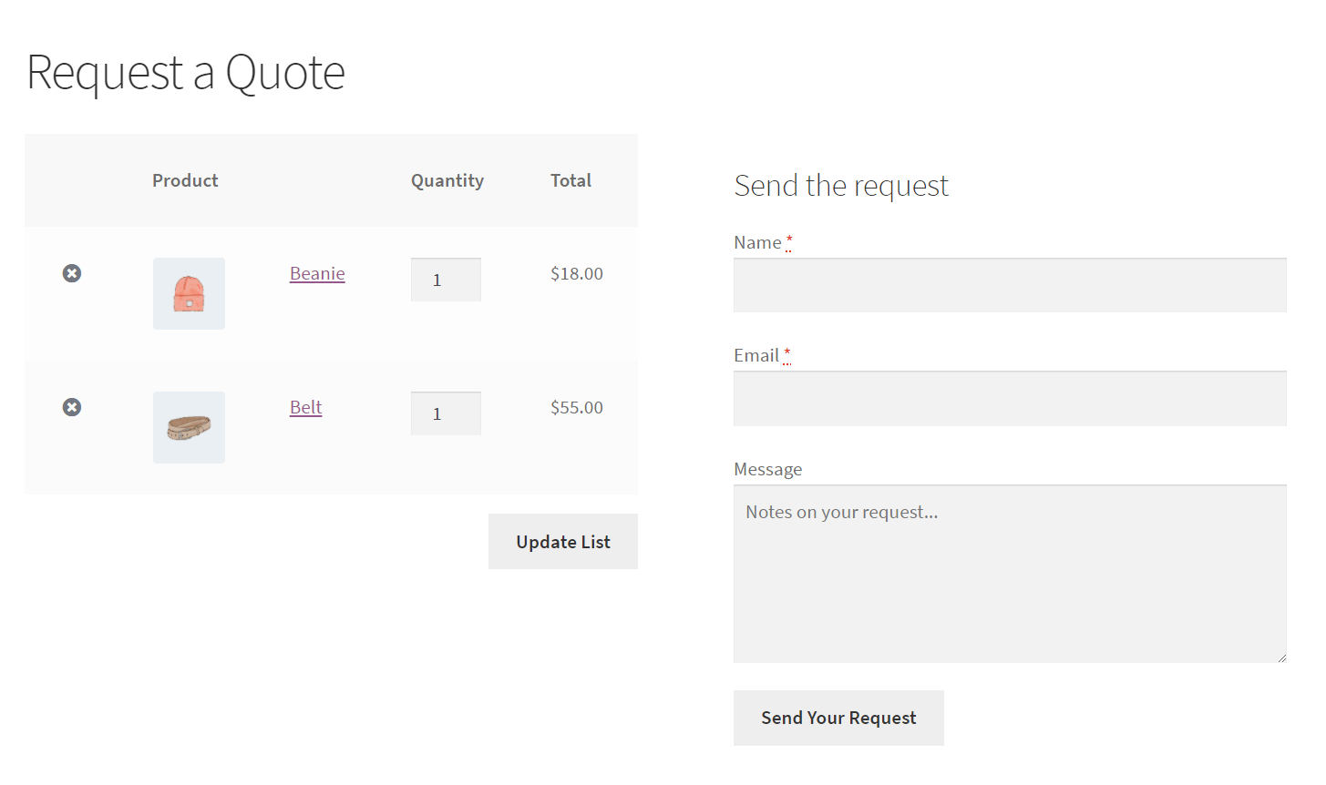 WooCommerce request a quote form and page