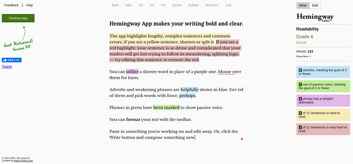 The Hemingway App AI content writer website.