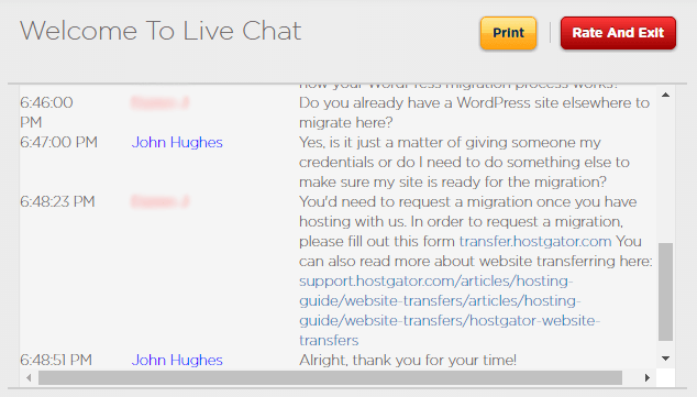 HostGator WordPress hosting review: screenshot from a live chat discussion with a HostGator support agent.
