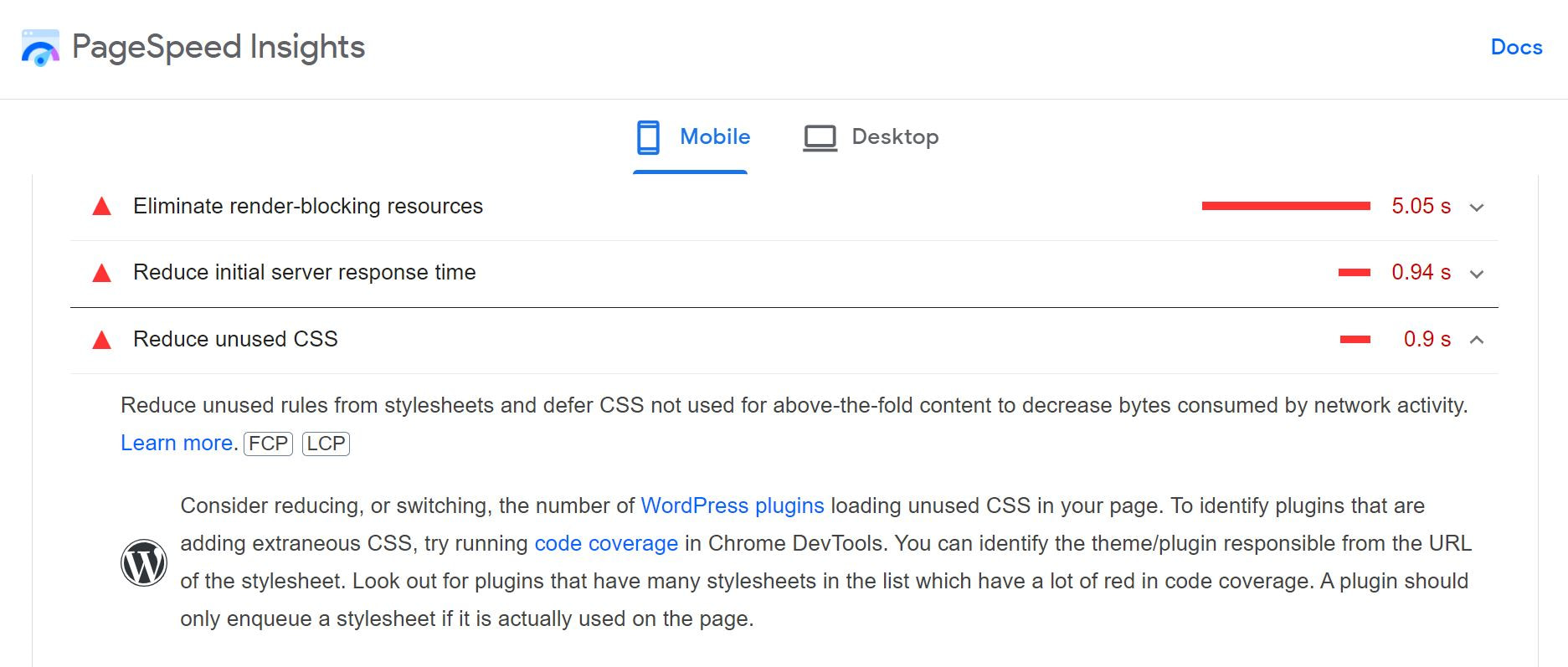 PageSpeed Insights recommendation for reducing unused CSS