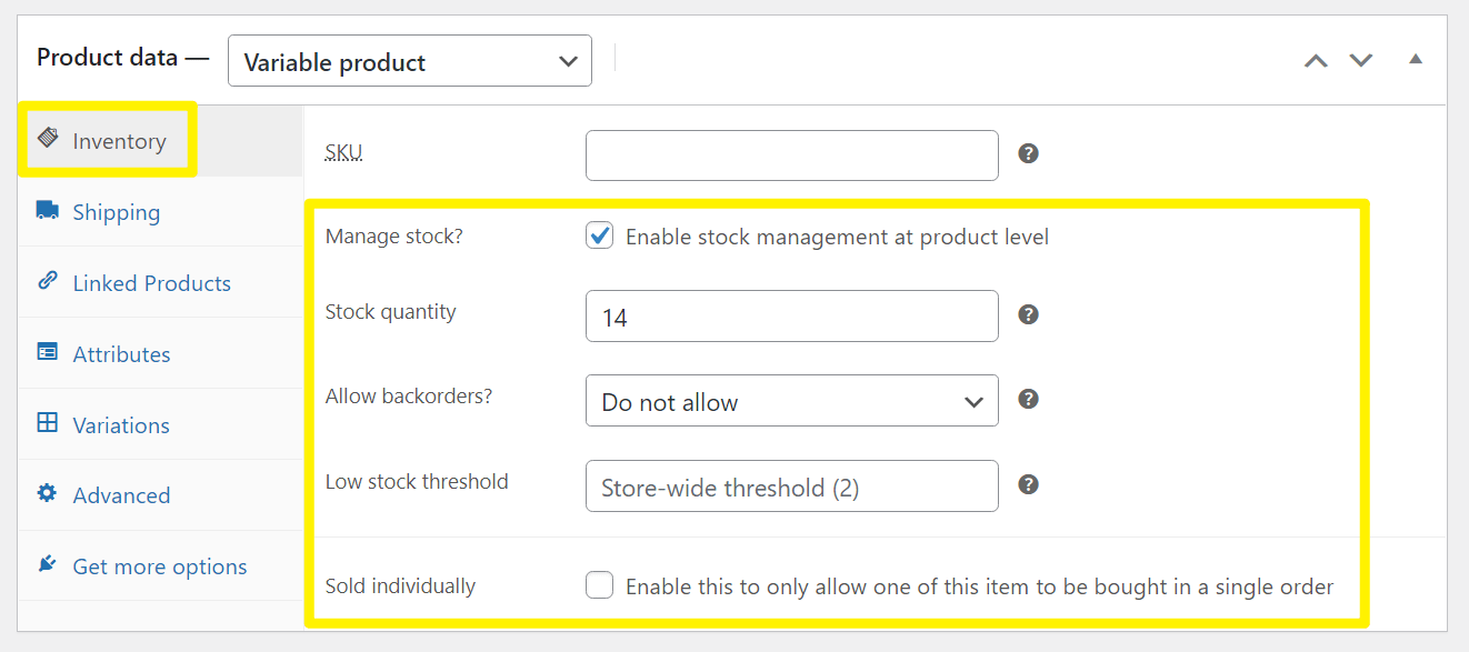 Manage variable products at product level