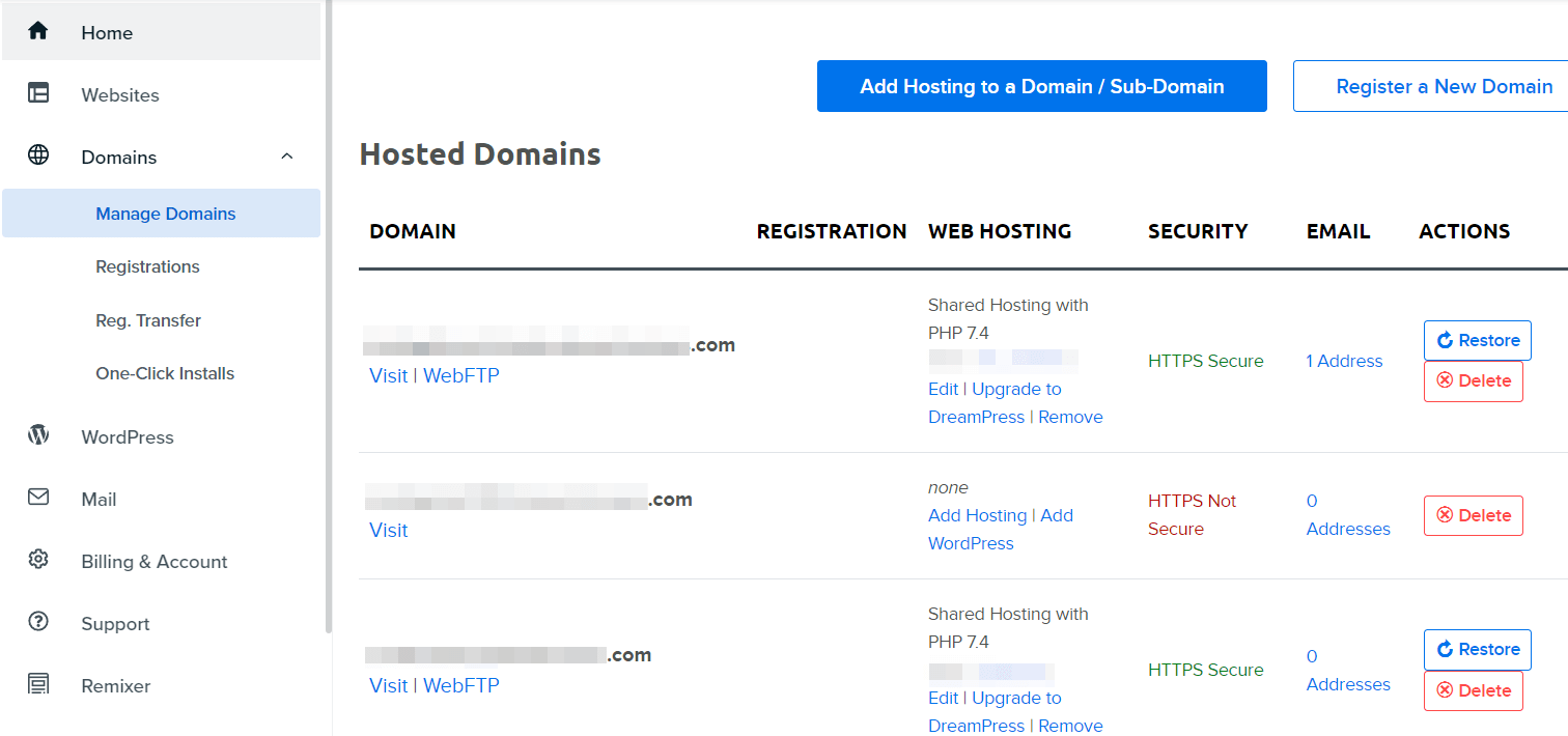 Managing domains through a web host.