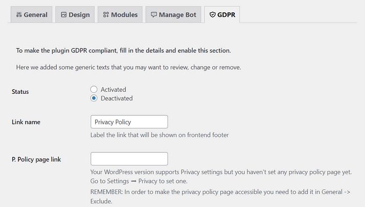 Configuring GDPR settings in the WP Maintenance Mode plugin