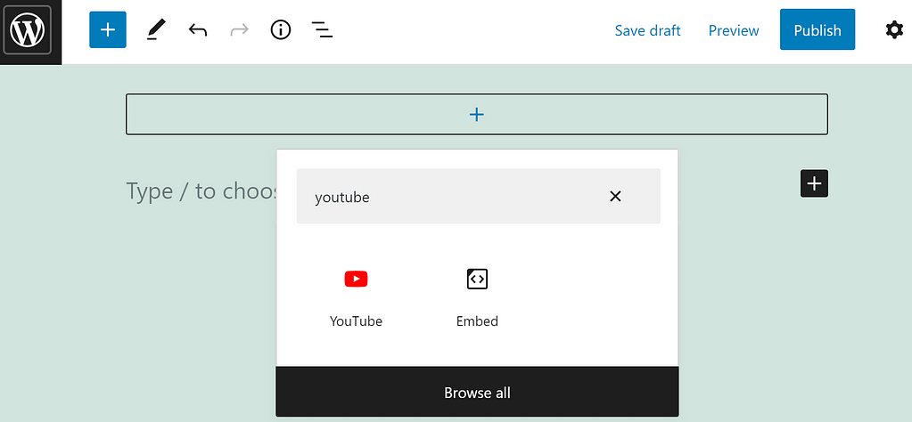 Inserting the YouTube block. 